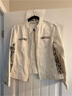 Chico's Cream Jean Jacket with Leopard Trim